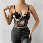Naiste lilledega tikitud suvekamisole seksikad moekatted, Y2K Bodycon topid vabaaja rannas retro stiilis l&auml;bipaistev boheemlaslik sale kamis XS must