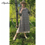 Jaapani mori t&uuml;druk, kevads&uuml;gis, naiste midikleit, volangidega krae, lillemustriga lapiline retrokleit Vintage puuvillasest linasest tikandiga &otilde;&otilde;nsaga kleit One Size sinine