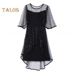 Naiste &otilde;htukleit V&otilde;rgust lapiline ebaregulaarne &uuml;mmargune kaelus, t&auml;ht litrid Kahekihilised volangid l&uuml;hikeste varrukatega ballipeokleit tutvumiseks L must