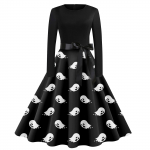 Naiste Halloweeni tr&uuml;kitud &uuml;mara kaelusega pikkade varrukatega kleit, millel on suur Swing Slim Fit kleit L must