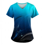 Suures suuruses tr&uuml;kitud Scrub t&ouml;&ouml;vormi topid naiste V-kaelusega l&uuml;hikeste varrukatega l&otilde;busatele T-s&auml;rkidele Taskutega t&ouml;&ouml;riiete T-s&auml;rk L sinine