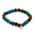 Pierres et Min&eacute;raux. Bracelet Perles bois + Chrysocolle 8 mm. Fabriqu&eacute; en France.