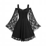 Gooti punk-t&uuml;drukute midi kleit seksikas pitsist patchwork pikkade varrukatega kleit naistele harajuku k&uuml;lma &otilde;laga rihmaga halloweeni suvekleit S must