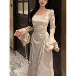 Prantsuse vintage kleit Naiste suvine pikkade varrukatega elegantne peokleit Naistele m&otilde;eldud vabaaja kleit, retro &uuml;hes t&uuml;kis vabaaja kleit S beež