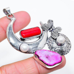 Pink Druzy Slice, Pearl 925 Sterling Silver Jewelry Pendant 2.84 j2b43