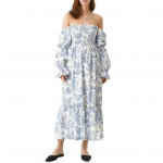 Naiste avatud &otilde;laga maksikleit pikkade puhvvarrukatega, kandilise kaelusega, boho-stiilis voolav kleit, lilleprindiga, smock-v&ouml;&ouml;kohaga, pikk kleit S sinine