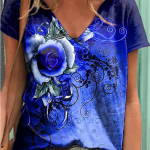 Moodsad kevadised lillemustriga pluusid l&uuml;hikeste varrukatega V-kaelusega T-s&auml;rgid vabaaja XS sinine