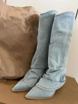 Volditud Sinised Denim Reieni Ulatuvad Saapad Naistele 2025 S&uuml;gis Paksude Kontsadega Terava Otsaga Cowboy Saapad Naine Libistatavad L&auml;&auml;ne Pikkad Saapad 35 helesinine v&auml;rv