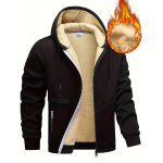 Meeste mugav voodriga kapuutsiga jakk - Vabaaja &uuml;hev&auml;rviline sinine lukuga ja n&ouml;&ouml;riga kapuuts, lukuga tasku ja n&ouml;&ouml;pkinnitusega esiosa, pehme tekstuuriga riietus L must