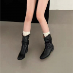 Mood Naiste L&auml;&auml;ne Saapad Retro Pealelibistatavad Naiste L&uuml;hikesed Saapad Plisseeritud Lehma Suede Nahk Paksu Kontsaga Kingad Kauboi Saapad S&uuml;gis Talv Uus 35 must