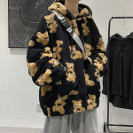 Harajuku Bear Teddy Print Palus jope Naiste Talvine Naine Korea kohev kapuutsiga mantel Paks soe Paar T&auml;navar&otilde;ivad &Uuml;ler&otilde;ivad M must