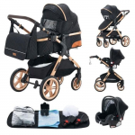 BAZARLAND30.Poussette 3 en 1 B&eacute;b&eacute; Combin&eacute;e Si&egrave;ge-Auto Nacelle Trio R&eacute;versible R&eacute;glable Haute Qualit&eacute; Roues increvables Canne.NOIR must