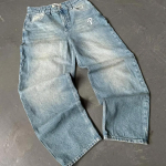 LUXEON Streetwear Jeans Y2K Meeste P&uuml;ksid Harajuku Hip Hop T&auml;htede Tikandiga Vintage Sinised Kotakad K&otilde;rge V&ouml;&ouml;koht Lai Jalg P&uuml;ksid S sinine
