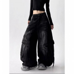 Ameerikalik Retro Y2K Stiilis Pestaud Kulutatud Sinised L&otilde;dvad Naiste Cargo teksap&uuml;ksid Naistele R&otilde;ivad Laiad Denim P&uuml;ksid XS must