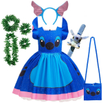 Lilo ja Stitch Sama stiiliga T&uuml;druk Cosplay Stitch Halloweeni peokleit + Aksessuaarid Suvine L&uuml;hikeste varrukatega Kohev Armas Kleit 2T(100CM) blue