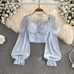 Voldid L&uuml;hike pluus Suvine kaldkriips kaelaga, pikkade varrukatega naiste lips p&auml;itsetega elastne v&ouml;&ouml;koht mood Prantsuse rannatopp one size sinine