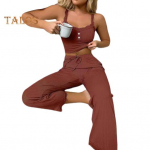 2 tk/komplekt Naiste Crop Top Pants &Uuml;likond Flower Edge V kaelusega pingutusn&ouml;&ouml;r elastne k&otilde;rge v&ouml;&ouml;kohaga &uuml;hev&auml;rviline varrukateta elastne camisole pikkade p&uuml;kste komplekt 3XL veinipunane v&auml;rv