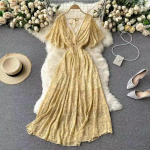 Naiste kleit, suvine moodne V-kaelusega, lilleline, k&otilde;rge v&ouml;&ouml;kohaga A-joonega &scaron;ifoonkleit Korea ranna pikk r&uuml;&uuml;, naiste One Size beež