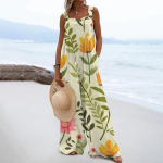 Naiste kombinesoonid vabaajaprinteriga laia jalaga kombinesoonid, rinnahoidjaga varrukateta rihmad, taskutega r&otilde;ivad L beež