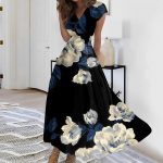 Naiste pikk kleit Maxi kleit vabaaja kleit Sifonki kleidid Swing kleit &uuml;hev&auml;rviline vabaaja t&auml;iskasvanud &otilde;ues igap&auml;evane kohting Voldis l&uuml;hikeste varrukatega V-kaelusega kleit L