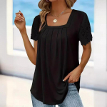 Suurus S-5XL Elegantne plisseeritud ruudukujuline kaelus, pitsiline T-s&auml;rk, naiste &uuml;hev&auml;rviline l&uuml;hikeste varrukatega s&auml;rgid, suvised naiste vabaaja topid. 5XL