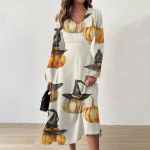 Naiste s&uuml;gis- ja talvine vabaajamoodne V-kaelusega pikkade varrukatega pikk kleit L beež