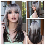 ALAN EATON s&uuml;nteetilised parukad, pikad sirged kihiline soeng Ombre tumepruun blond hall tuhkpunane tukkidega naiste parukas