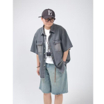 Retro Denim t&ouml;&ouml;riietus l&uuml;hikeste varrukatega s&auml;rk, Meeste ja naiste suvine moem&auml;rk, Jaapani retro poolepikkuste varrukatega trend, Lahe ja avar s&auml;rk 3XL must