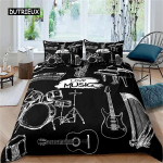 3D kivimuusika teemaline kitarr V&auml;rviline tekikott Tule ja vee voodipesukomplekt Moodne uhke mikrokiudpol&uuml;ester poisslaste kingitusteks AU Single(140x210cm)
