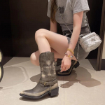 Segav&auml;rvilised Retro L&auml;&auml;ne Kauboi Saapad Naistele V&ouml;&ouml;pandlaga Keti Disain Uued Trendikad Paksu Kontsaga Keskmise S&auml;&auml;rega Mootorrattasaapad 35 hall v&auml;rv