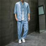 Suvine meeste p&uuml;stkrae pesemata teksakost&uuml;&uuml;m Hiina stiilis ketasluku &otilde;huke l&uuml;hikeste varrukatega teksas&auml;rk &uuml;laosa p&uuml;ksid XXXXL helesinine v&auml;rv