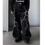 Unisex Pestud Retro Piksemustriga Tikitud Teksad - Lahtised Sirge L&otilde;ikega Hip Hop Stiilis XL must