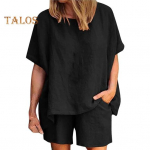 Naiste puuvillase lina 2-osaline komplekt l&uuml;hikeste varrukatega &uuml;mara kaelusega pulloveri ja l&uuml;hikeste p&uuml;kstega taskutega suvine vabaaja koduriiete dressipluus 2XL khaki