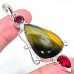 Natural Tiger Eye, Kunzite Gemstone 925 Sterling Silver Pendant 2.88 n6d82