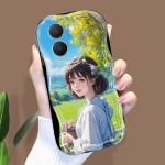 Armas koomiksimustriga kreemjas tekstuuriga korpus, lainelise servaga pehme silikoonkaanega telefoni&uuml;mbris Vivo jaoks Vivo Y19S