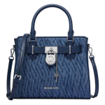 Michael Kors MK Hamilton Volditud Tepitud Disain &Uuml;mmargune Lukk Sulgemine Kangas Ja Kunstnahast Ostukott V&auml;ike Naiste k&auml;ekotid Tumesinine 35S6GHMS1C-405 Basic Set (Bag+Dust Bag)