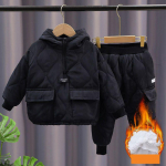 Talv Lapsed Talvine Puuvillane Riiete Komplekt Lastele Poistele T&uuml;drukutele Kapuutsiga Soojad Puuvillased Sametist Pullover Mantlid &Uuml;leriided ja P&uuml;ksid Kaheosaline Komplekt Lumekost&uuml;&uuml;mid 100cm must