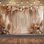 Elegantne lilleline tutitaust kuivatatud lillede ja sulgedega - Boheemlaslik stiilidekoratsioon beežis, valges ja pruunis (as the picture,100x150cm) beige