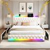 Multifunktsionaalne LED-voodiraam Bluetooth-k&otilde;larite, 4 suure hoiusahtli, USB ja Type C laadimisjaama ning puidust lippidega, beež. 140*200cm