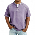 Meeste Vintage Ameerika stiilis kulunud ja pleekinud 100% puuvillane l&uuml;hikeste varrukatega Henley kaelusega T-s&auml;rk, &uuml;hev&auml;rviline S lilla