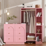 Moodne mitmeotstarbeline riidekapp, avatud garderoob riidepuutoruga, 6 sahtlit ja k&uuml;lgriiulid, magamistoa hoiukapp, roosa, 139 &times; 35 &times; 133 cm 139 x 35 x 133 cm roosa