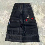 Meeste Y2K Laiad teksap&uuml;ksid Retro Tikitud Hip Hop Streetwear Sirge l&otilde;ikega teksad Large black