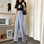 Ruudulised Naisep&uuml;ksid Vintage laia s&auml;&auml;rega p&uuml;ksid Naiste vabaaja k&otilde;rge v&ouml;&ouml;kohaga Korea stiil Sirged t&auml;navar&otilde;ivad p&uuml;ksid p&otilde;hja M valge