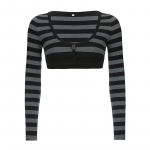 Naiste retro l&uuml;hike stiilis triibuline U kaelus, kahe n&ouml;&ouml;biga &uuml;laosa, kontrastne naba pikkade varrukatega Crop top T-s&auml;rk S hall
