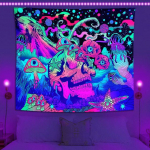 Blacklight Tree Tapestry Astronaut Trippy Mushroom Skull UV Reactive Seinavaibad Galaxy Space Seinaripp Magamistoas Boho Home 95x73cm