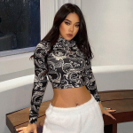 Fashion Trend Naiste stiilsed draakonitr&uuml;kiga k&auml;rbitud topid pikkade varrukatega k&otilde;rge kraega &otilde;huke T-s&auml;rk kitsad t-s&auml;rgid kevads&uuml;giseks S must