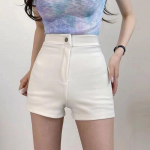 Suvised k&otilde;rge v&ouml;&ouml;kohaga &otilde;hukesed l&uuml;hikesed p&uuml;ksid naiste korea kitsas elastne kott puusa kolme punktiga vabaaja v&auml;limine riietus kuumad p&uuml;ksid naiste riided S valge