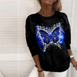 Naiste s&uuml;gistopsid Lahtine kassi helendav liblikasprint, p&otilde;hjuslik pikkade varrukatega T-s&auml;rk top pluus XS sinine