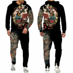 Samurai Oni Mask Tattoo 3D Prindiga kapuuts/&uuml;likond meeste Harajuku t&auml;navar&otilde;ivaste komplekt Br&auml;ndi mood Meeste 2-osaline spordidress, spordir&otilde;ivad 3XL valge