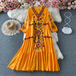 Vintage naiste kleit Lilletikandiga rannakleit Naiste l&uuml;hikeste varrukatega V-kaelusega puuvillane ja linane Boho kleidid suvised One Size